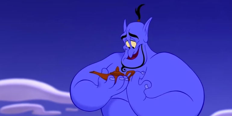 Genie looking at the lamp in Aladdin