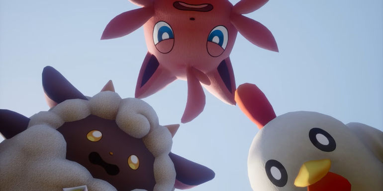 An image from Pocket Pair's Palworld, showing in-game Pals Lamball, Cattiva, and Chikipi.