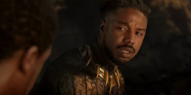 Michael B. Jordan looking at Chadwick Boseman at the end of Killmonger and T'Challa's fight in Black Panther