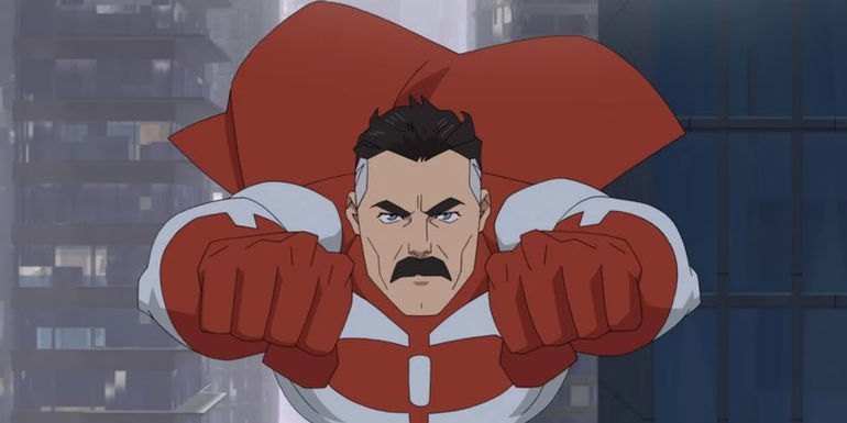 Omni-Man flying toward the screen in Invincible