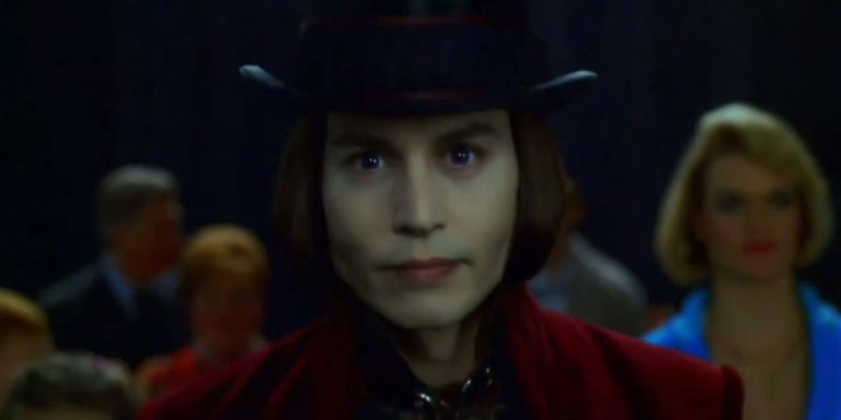 Willy Wonka (Johnny Depp) looks worried in Charlie and the Chocolate Factory
