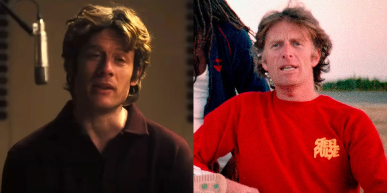 James Norton as Chris Blackwell in Bob Marley: One Love and the real Chris Blackwell