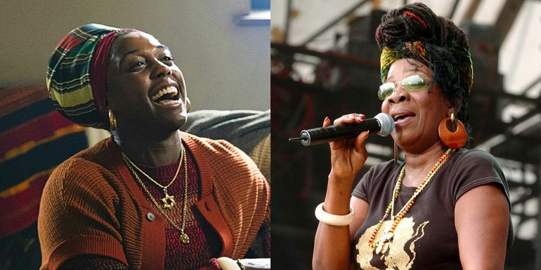 Lashana Lynch as Rita Marley in Bob Marley: One Love and the real Rita Marley