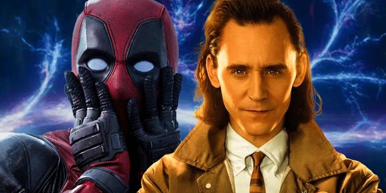 A split image of Deadpool and Loki on top of the MCU's multiverse