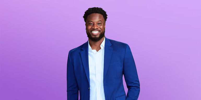 Deion Love Is Blind Season 6 in blue suit blazer for promo pic