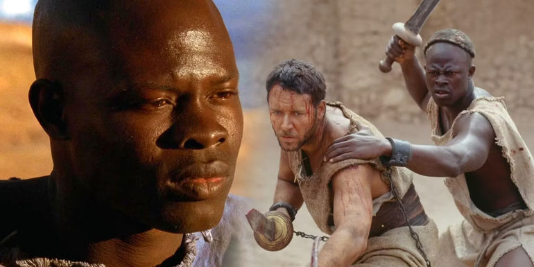 Djimon Honsou looking sideways and Djimon Honsou in a fighting stance with Russell Crowe in Gladiator