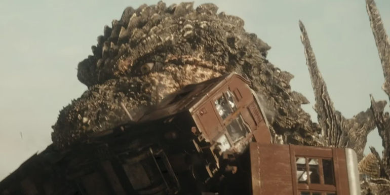 Godzilla Biting a Train in Godzilla Minus One