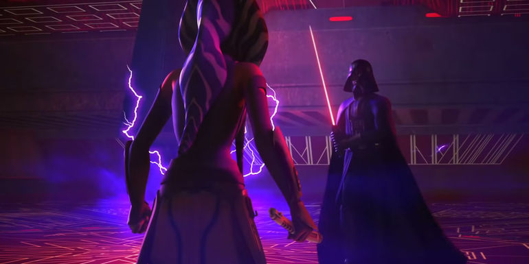 Ahsoka Tano confronting Darth Vader in Star Wars Rebels