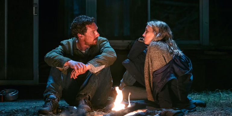 Benedict Cumberbatch and Jodie Comer talk at a campfire in The End We Start From