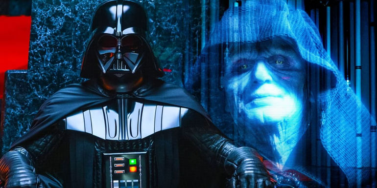 Darth Vader sitting on his throne with a hologram of Palpatine next to him.