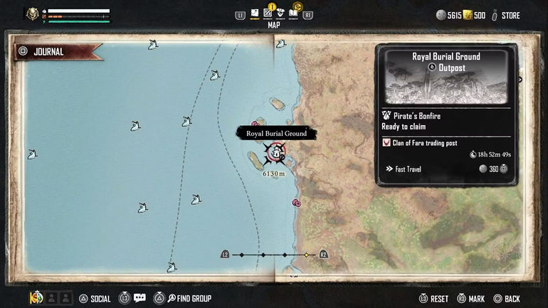The map in Skull and Bones showing a settlement with a Pirates Bonfire