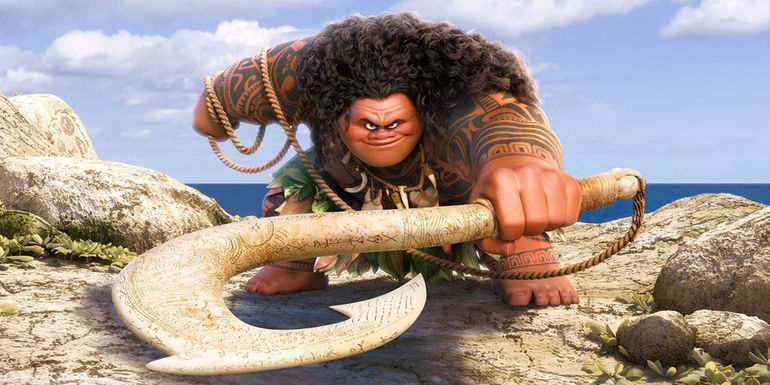 Maui holds his fishhook in Moana