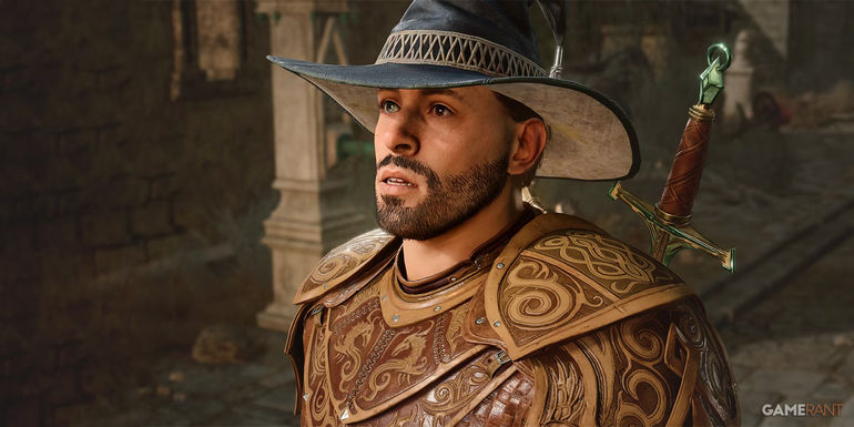 Baldur's Gate 3 surprised-looking protagonist with wizard hat and glass eye close-up