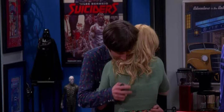 Howard hugging Bernadette after his mom dies on The Big Bang Theory