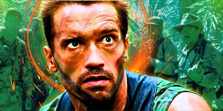 Arnold Schwarzenegger in Predator in front of the other soldiers