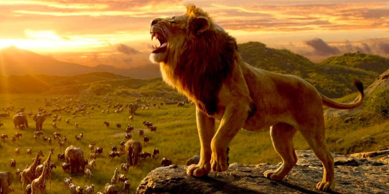 Mufasa roaring atop Pride Rock in the live-action The Lion King