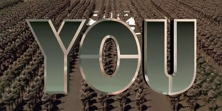 A still of the military PSA in Starship Troopers