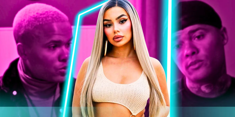 90 Day Fiancé Miona Bell with straight blonde hair and crop top with Jibri looking sad in the background with a pink hued filter