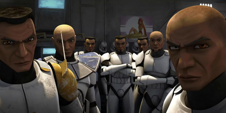 A number of clone troopers including Captain Rex look toward the camera in The Clone Wars show.