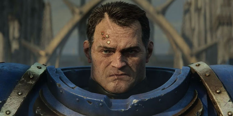 An unmasked Space Marine from Warhammer 40,000.