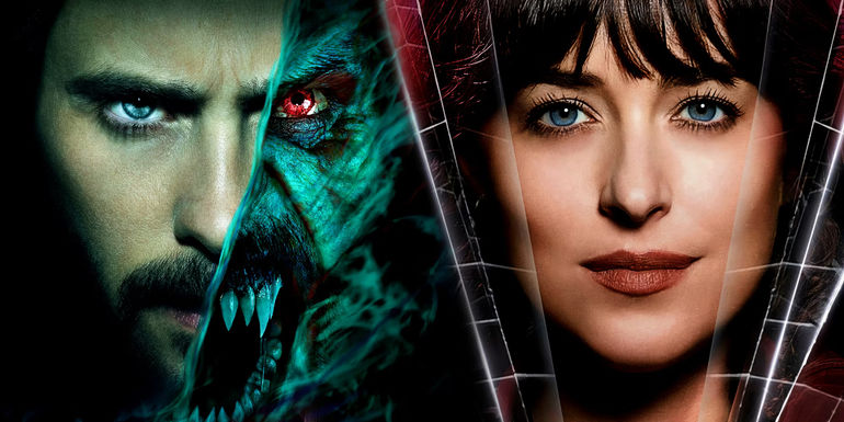 Dakora Johnson as Madame Web and Jared Leto as Morbius in Sony Marvel Movie Posters