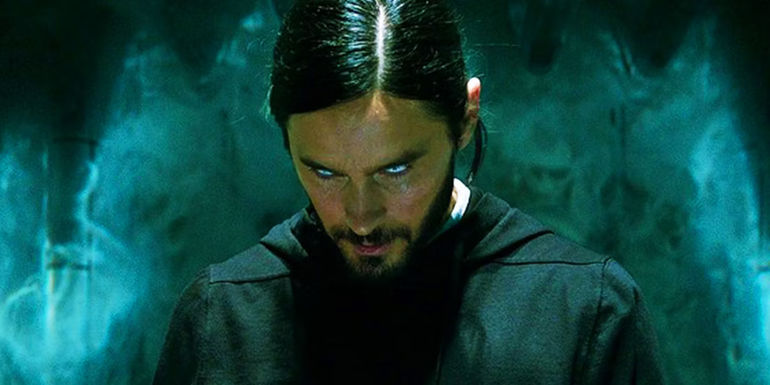 Morbius staring up with his head tilted low and with white eyes in the SSU