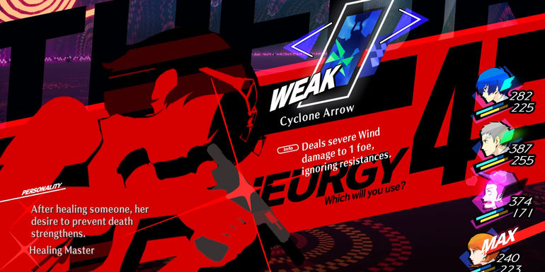 Image of the Wind ability Cyclone Arrow being used on a Killing Hand in Persona 3 Reload