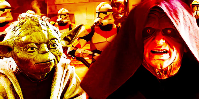 Palpatine, Yoda, and clone troopers during Order 66.