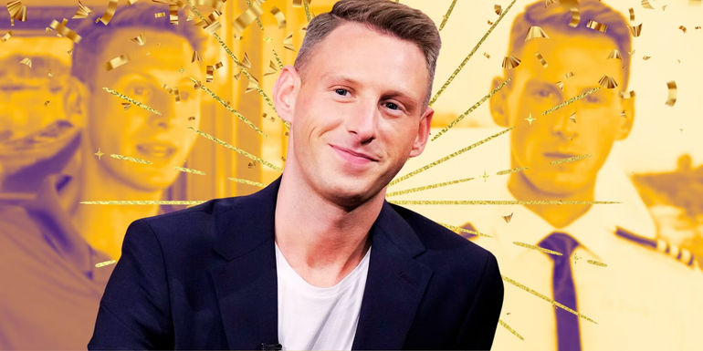 Montage of Below Deck's Fraser Olender with gold background