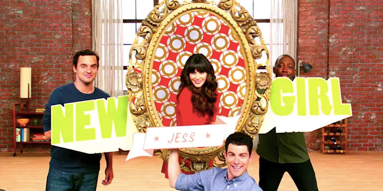 Jake Johnson's Nick Lamorne Morris's Winston and Max Greenfield's Schmidt hold up New Girl's opening titles around Zooey Deschanel's Jess