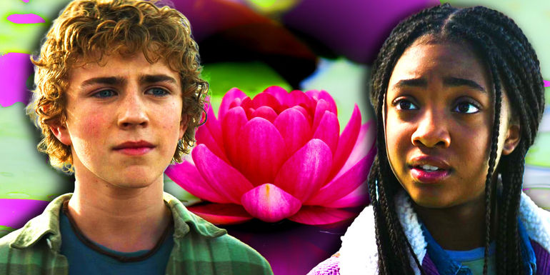 Percy Jackson and Annabeth Chase over an image of a lotus flower