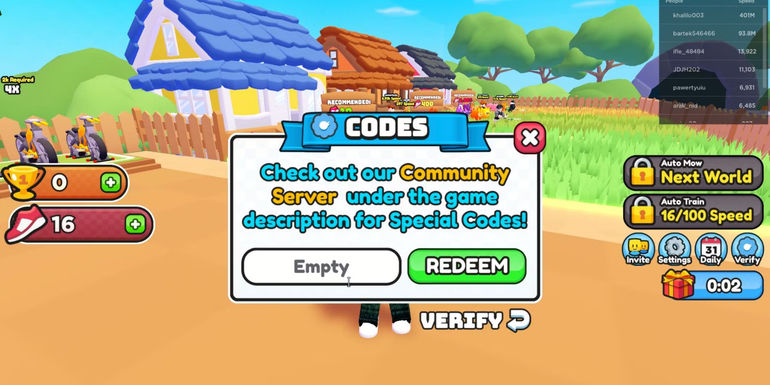 Roblox Mowing Simulator: the codes tab