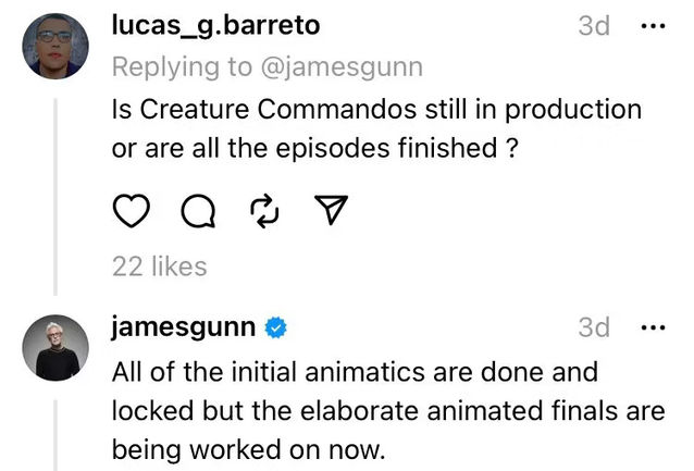 On Threads, Gunn addressed if Creature Commandos was still in production.