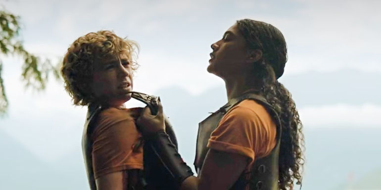 Clarisse holding Percy by his armor in Percy Jackson and the Olympians