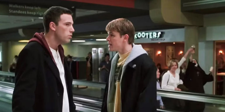 Dogma Bartleby and Loki talking with a drunk nun in the background in Dogma