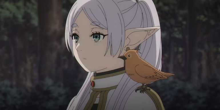Frieren with a small orange bird on her shoulder