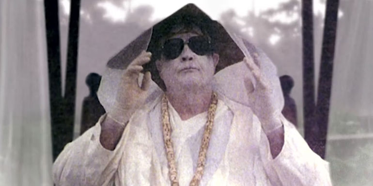 Marlon Brando as Dr. Moreau in all white in The Island of Dr. Moreau