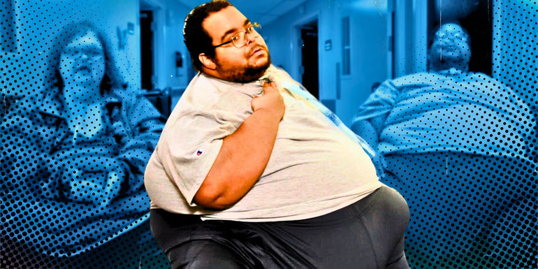 1000-Lb Sisters: Tammy Slaton's Husband Caleb Willingham wears biege shirt and black pants for his interview and a photo of Tammy and him in blue, faded in the back