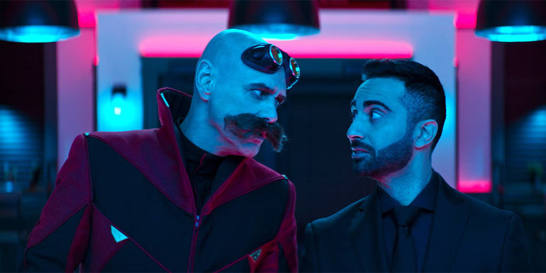 Jim Carrey as Dr. Robotnik and Lee Majdoub as Agent Stone in Sonic 2