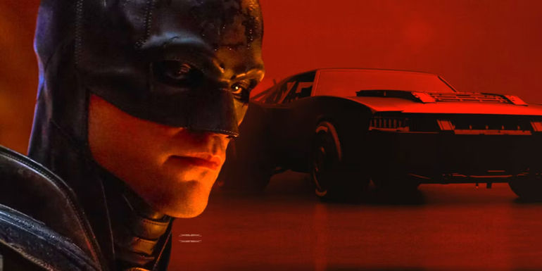 Robert Pattinson in The Batman next to his Batmobile