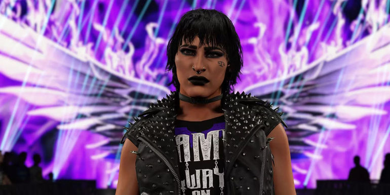 A screenshot of Rhea Ripley walking to the ring in WWE 2K24.