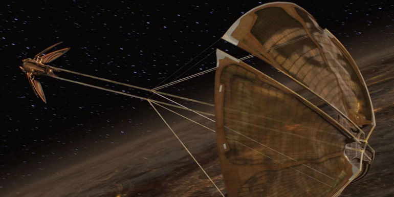 Count Dooku escapes Geonosis and flies to Coruscant to meet with Palpatine in his Solar Sailer in Star Wars Attack of the Clones