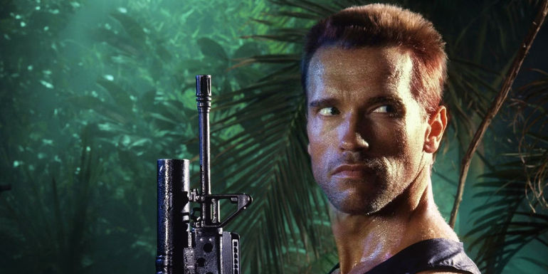 Arnold Schwarzenegger as Dutch with his gun in the 1987 film Predator.