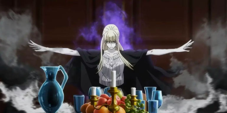 A girl with blonde hair uses necromancy magic at a dining table in Witch and the Beast.