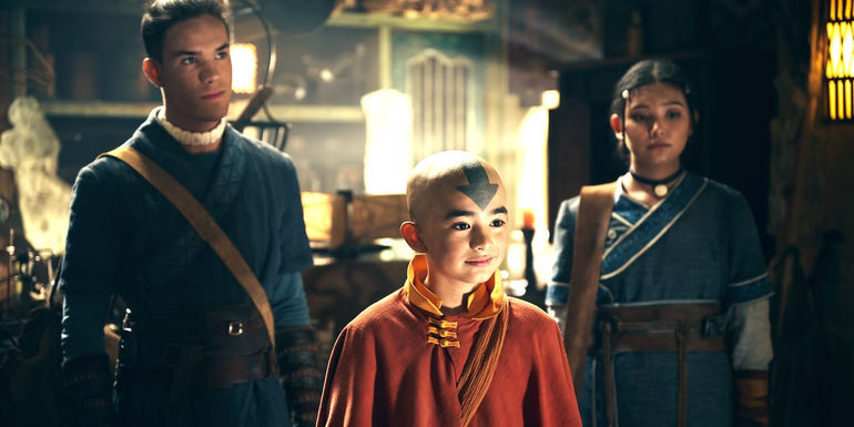 Aang stands with Sokka and Katara in Avatar The Last Airbender series
