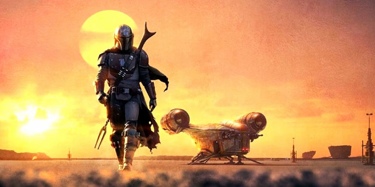 The first poster for The Mandalorian season 1 with Din Djarin and the Razor Crest