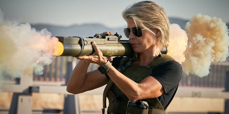 Sarah Connor with a rocket launcher in Terminator Dark Fate