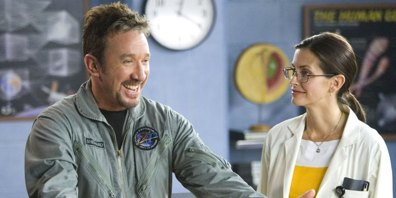 Tim Allen and Courteney Cox in a science classroom in Zoom