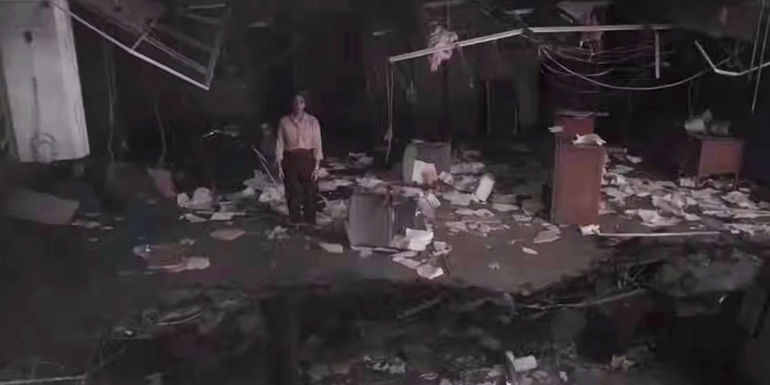 A bombed-out building after the JSC Bombing in For All Mankind.