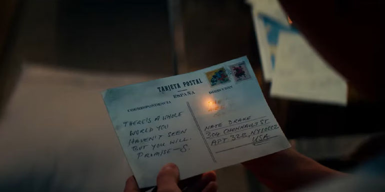 Uncharted Movie Trailer Sam Nate Clue Postcard